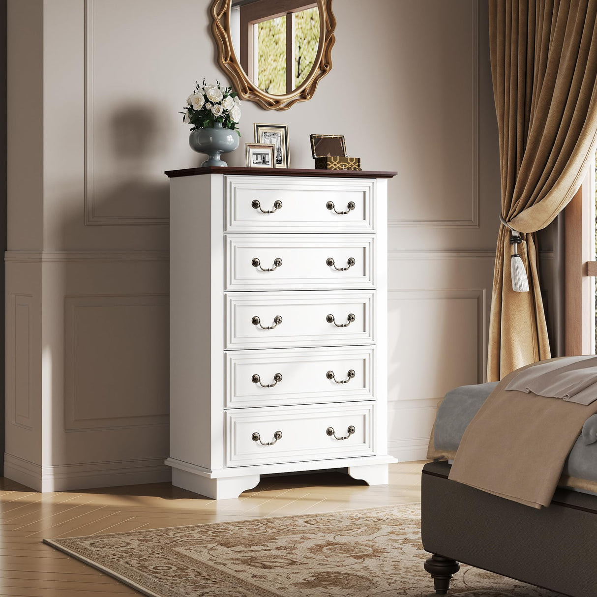 WLIVE Farmhouse Dresser for Bedroom, Wood Dresser with 5 Drawer, Chest of Drawers with Roman Metal Handle for Living Room, White WLIVE