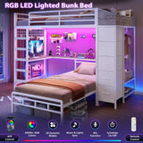 VIAGDO Bunk Bed Twin Over Twin with Hall Tree, Charging Station and LED Lights, L-Shaped Bunk Bed with Desk, 5 Storage Drawers, Twin Bunk Beds with Guardrail & Stairs, No Box Spring Needed, White VIAGDO