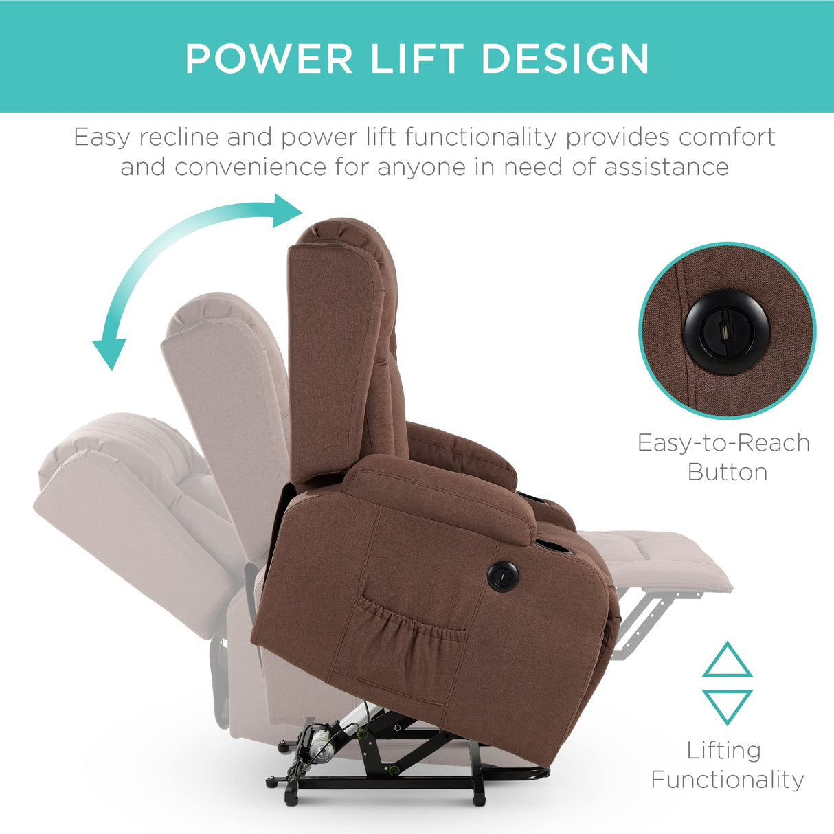 Best Choice Products Modern Linen Electric Power Lift Chair, Recliner Massage Chair, Adjustable Furniture for Back, Legs w/ 3 Positions, USB Port, Heat, Cupholders, Easy-to-Reach Button - Brown Best Choice Products