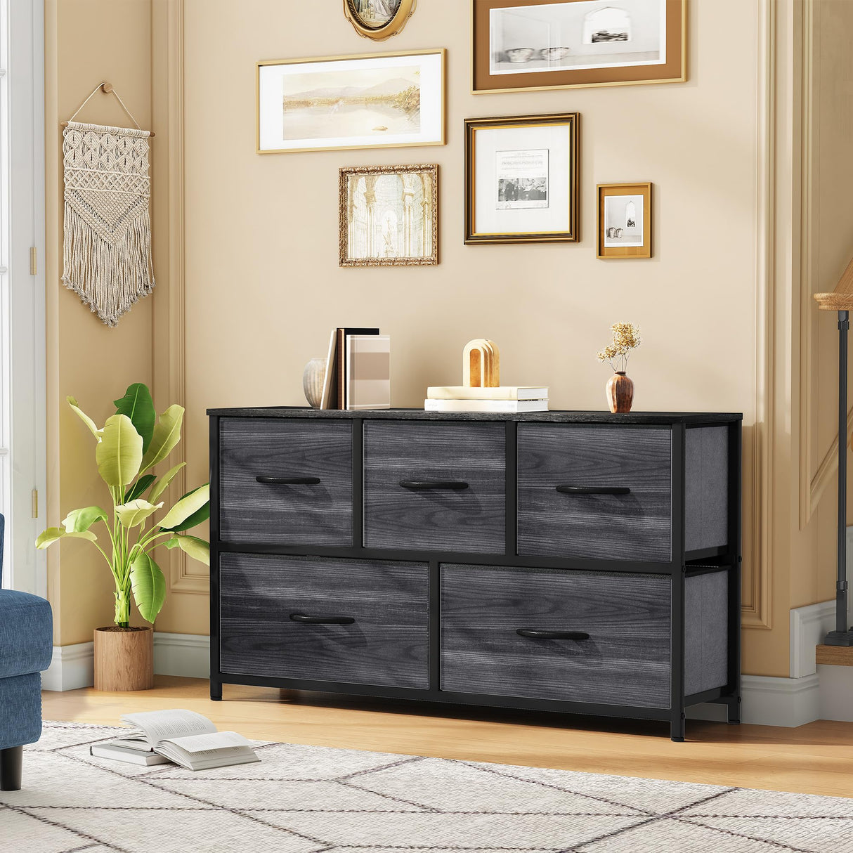 DWVO Dresser with 5 Drawers - Fabric Storage Tower, Organizer Unit for Bedroom, Living Room, Closets - Sturdy Steel Frame, Wooden Top DWVO