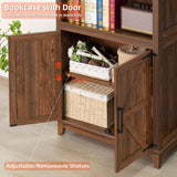 Joaxswe 70in Tall Bookshelf 5 Tier Bookcase with Barn Doors and Adjustable Shelves, Brown Farmhouse Book Shelf with Storage Cabinet, Wood Freestanding Display Bookshelves for Bedroom, Living Room Joaxswe