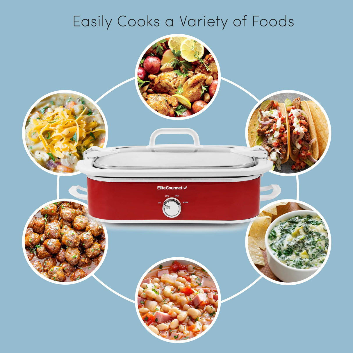 Elite Gourmet MST-5240 Casserole Crock Slow Cooker, Locking Lid Adjustable Temperature Keep Warm Oven & Dishwasher-Safe Casserole Pan, 3.5Qt Capacity, Red Elite Gourmet