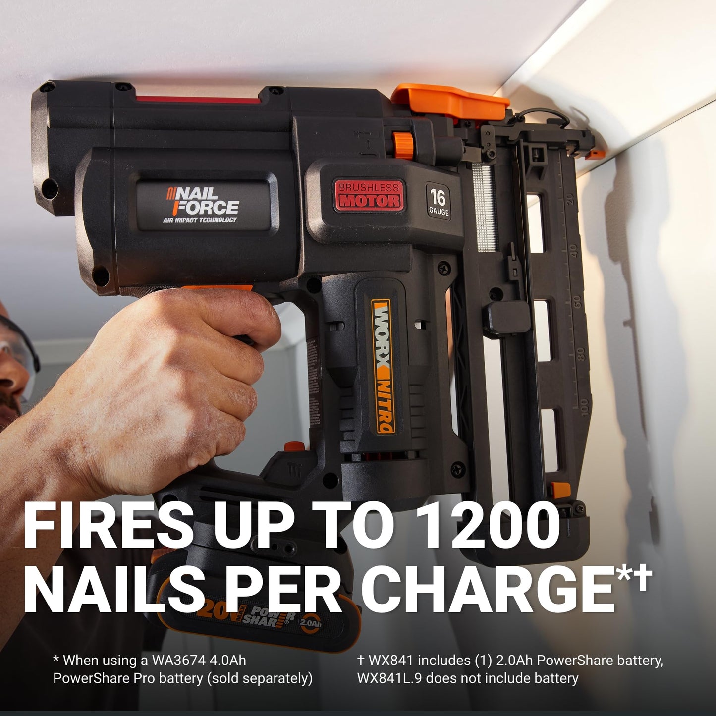 Worx Nitro 20V 16GA Finish Nailer Cordless 70 Nails/Min Sinks Up to 2-1/2", Compact Cordless Nail Gun w/Tool-Free Jam Release, Brushless Nail Gun Battery Powered WX841L – Battery & Charger In - WoodArtSupply