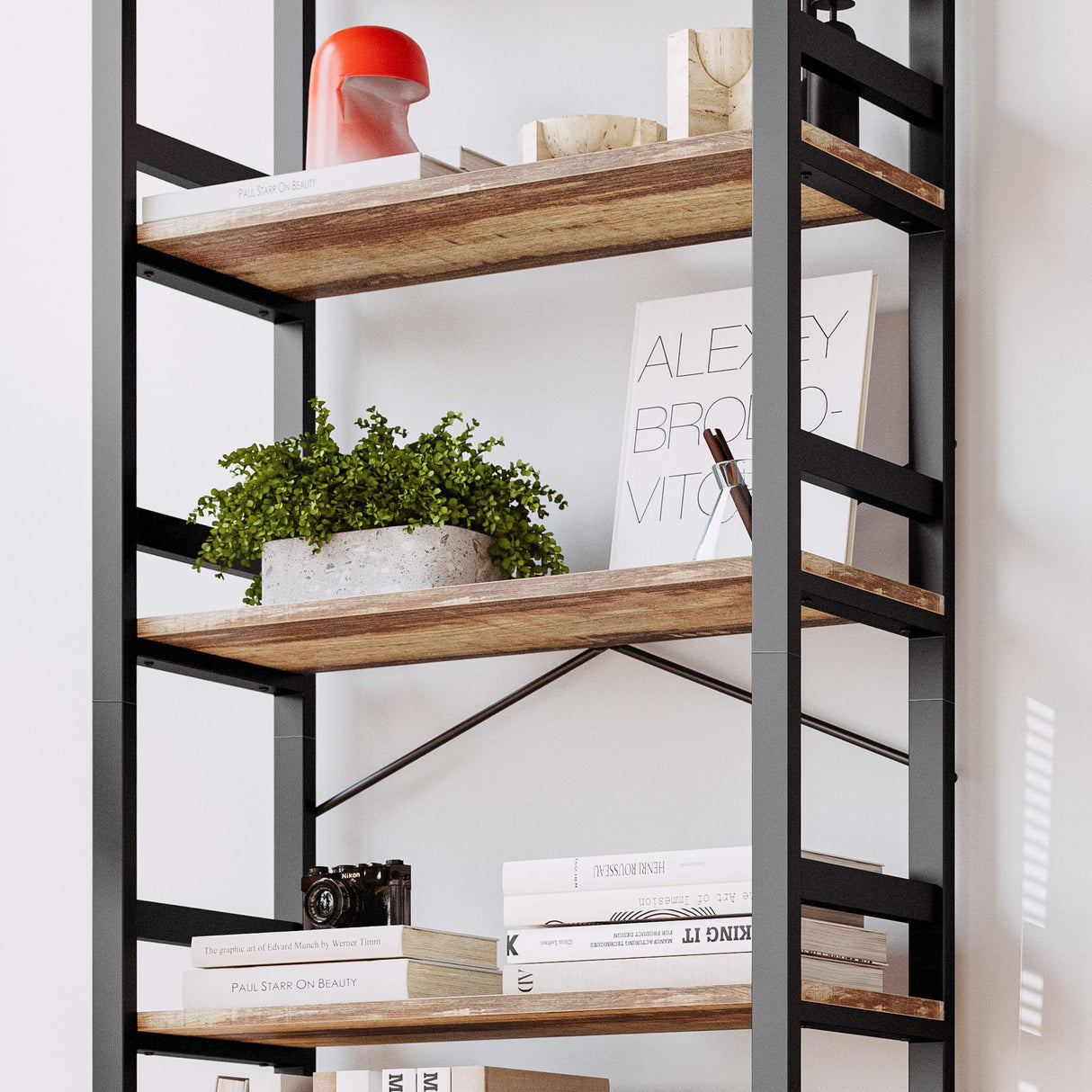 IRONCK 5-Tier Vintage Industrial Ladder Bookshelf - 31.5in Wide, Rustic Brown Design IRONCK