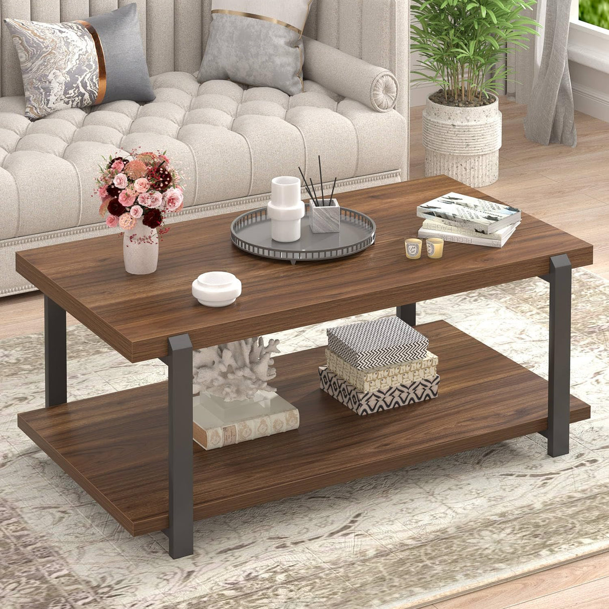 FOLUBAN Modern Coffee Table with Storage Shelf, Rustic Wood Center Table for Living Room, Walnut FOLUBAN