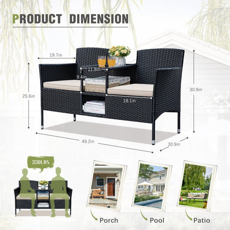 Greesum Patio Loveseat Outdoor Wicker Furniture Conversation Set with Soft Cushions & Built-in Coffee Table for Lawn Garden Backyard, Beige Greesum
