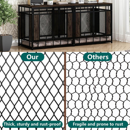 DAWNSPACES Furniture Dog Crate, 71" Heavy Duty Wood Dog Cage Kennel House Furniture with a Removable Divider, Indoor Dog Crate Table TV Stand with Double Doors for Large Medium Breed Dogs, Brown