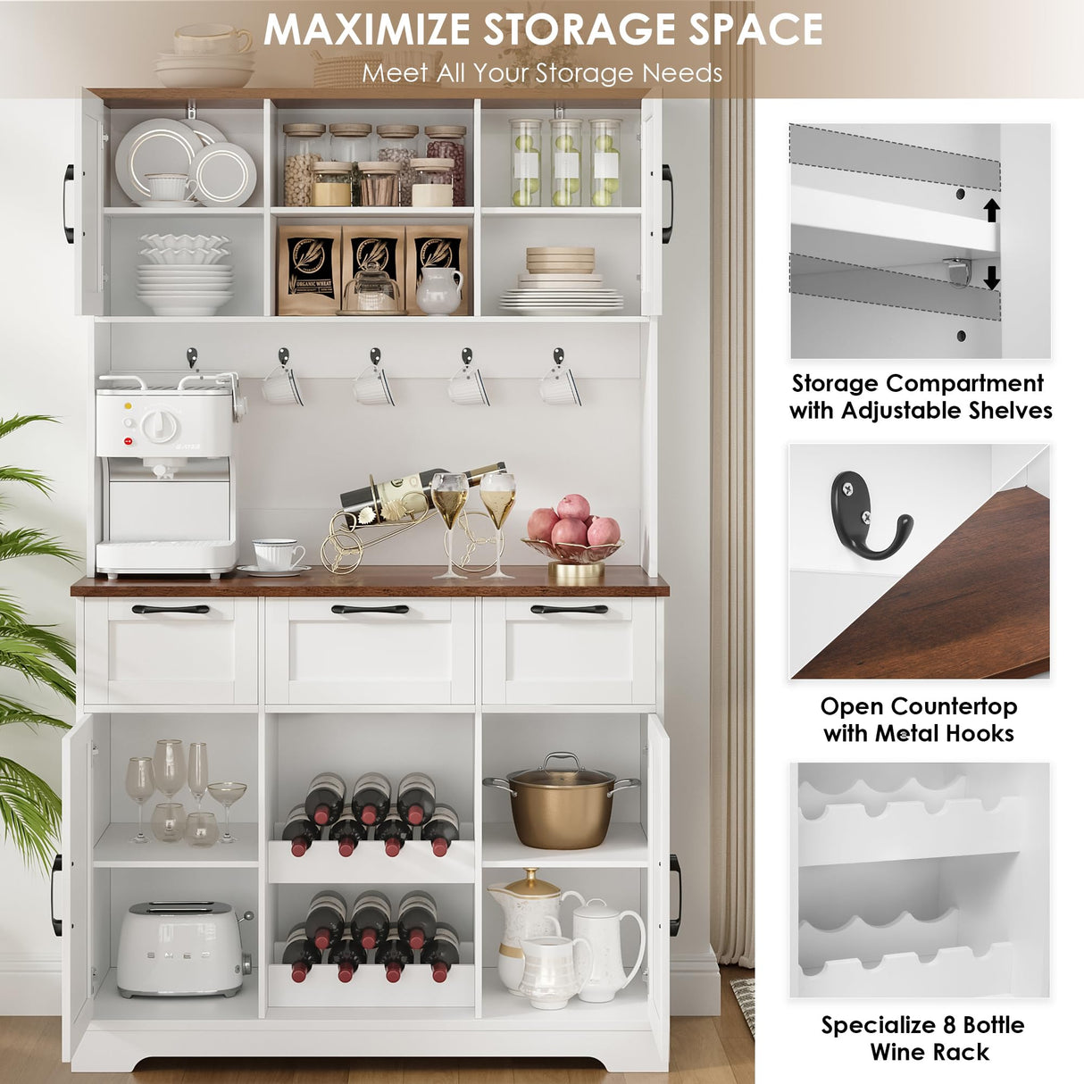 HIFIT 72" Tall Farmhouse Kitchen Pantry Storage Cabinet with Doors & Shelves & Drawer, Freestanding Hutch Cabinet with Microwave Stand/Wine HIFIT