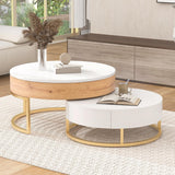 Modern Round Lift-top Nesting Coffee Tables with 2 Drawers for Living Room White & Natural Flieks