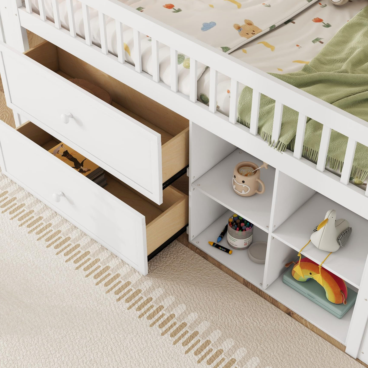 KEIKI Twin Low Loft Bed Frames for Kids with LED, Storage Drawers and Shelves, Solid Pine Wood Platform with Guardrails & Staircase, White KEIKI