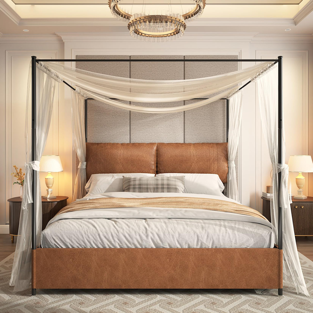 QNICE Canopy Bed Frame King Size with Upholstered Headboard, Tall Four Poster Metal Platform Bed, Easy to Assemble, No Box Spring Needed, Brown QNICE
