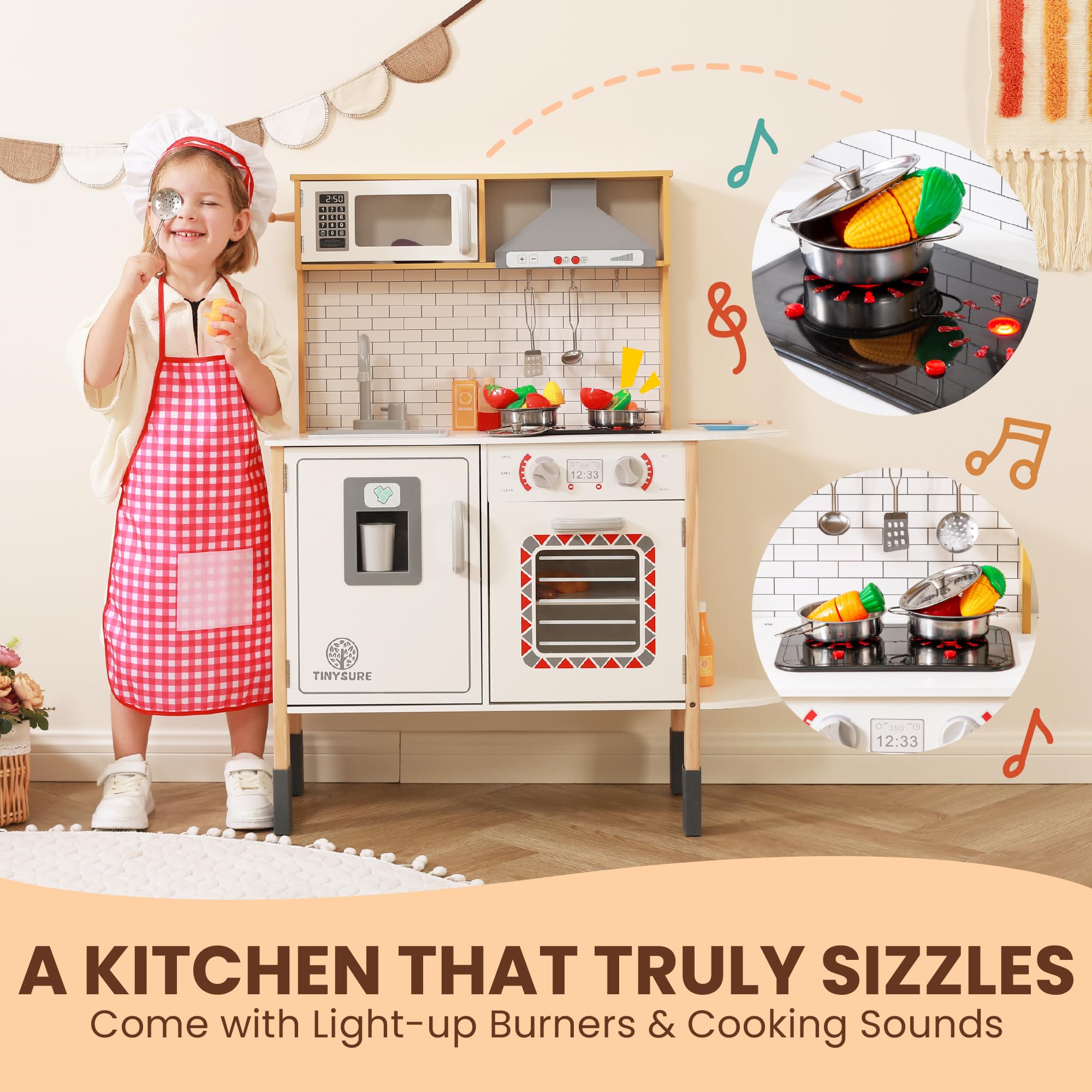 Tinysure Play Kitchen for Kids Toy Kitchen Set for Toddlers with Realistic Lights and Sounds Kids Kitchen Playset with Abundant Toy Food Set Best