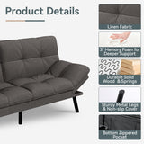 Vyfipt Convertible Futon Sofa Bed, Grey Linen Futon Couch with Adjustable Backrest & Armrests, Folding Small Recliner Sleeper Sofa Bed for Living Room, Apartment, Office Vyfipt