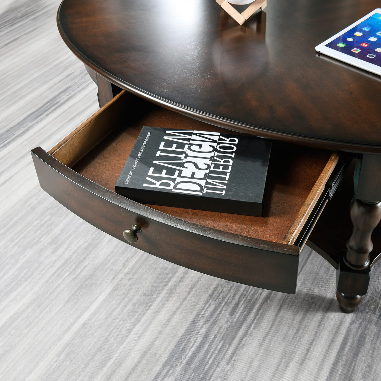 MODERION Coffee Table with Drawer, Solid Wood Oval Center Table with Storage Shelf, Traditional Living Room Table with Elegant Vintage Style, Easy Assembly, 45” x 27.6” x 18.2” Retro Walnut KFZ2233DC MODERION