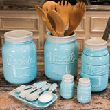 Blue Mason Jar Spoon Rest - Kitchen Spoon Holder for Stove Top - Ceramic Ladle Holder for Cooking Utensil in Rustic, Antique, Farmhouse Design Sparrow Decor