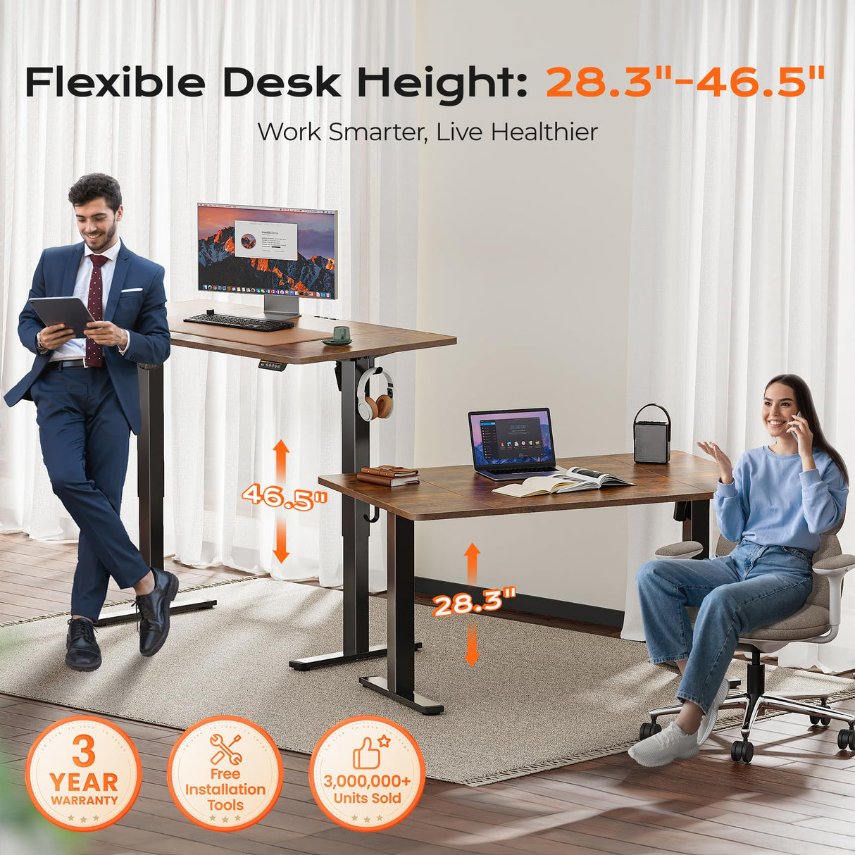 Huuger 55 x 28 Large Electric Standing Desk, Height Adjustable Computer Desk, 27.6" Deep Desktop, Stand up Gaming Office Desk with 2 Hooks, 3 Preset Heights, for Home Office, Rustic Brown Huuger