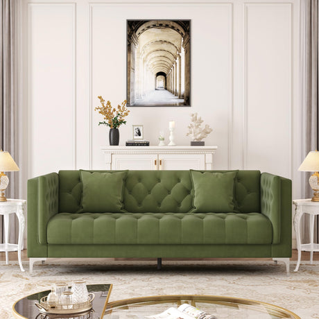 HIFIT 79" W Green Velvet Sofa Couch with 2 Pillows, 3 Seater Couches for Living Room, Handmade Button Tufted Cushions and Metal Legs, Modern Sofa for Apartment, Office HIFIT