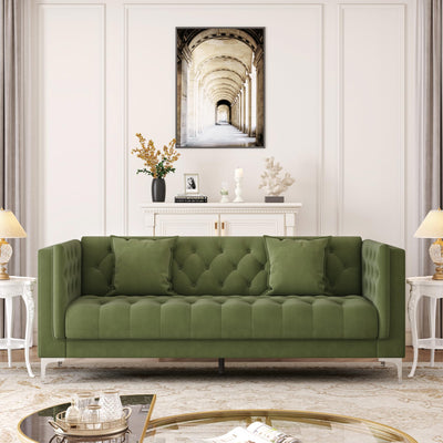HIFIT 79" W Green Velvet Sofa Couch with 2 Pillows, 3 Seater Couches for Living Room, Handmade Button Tufted Cushions and Metal Legs, Modern Sofa for Apartment, Office