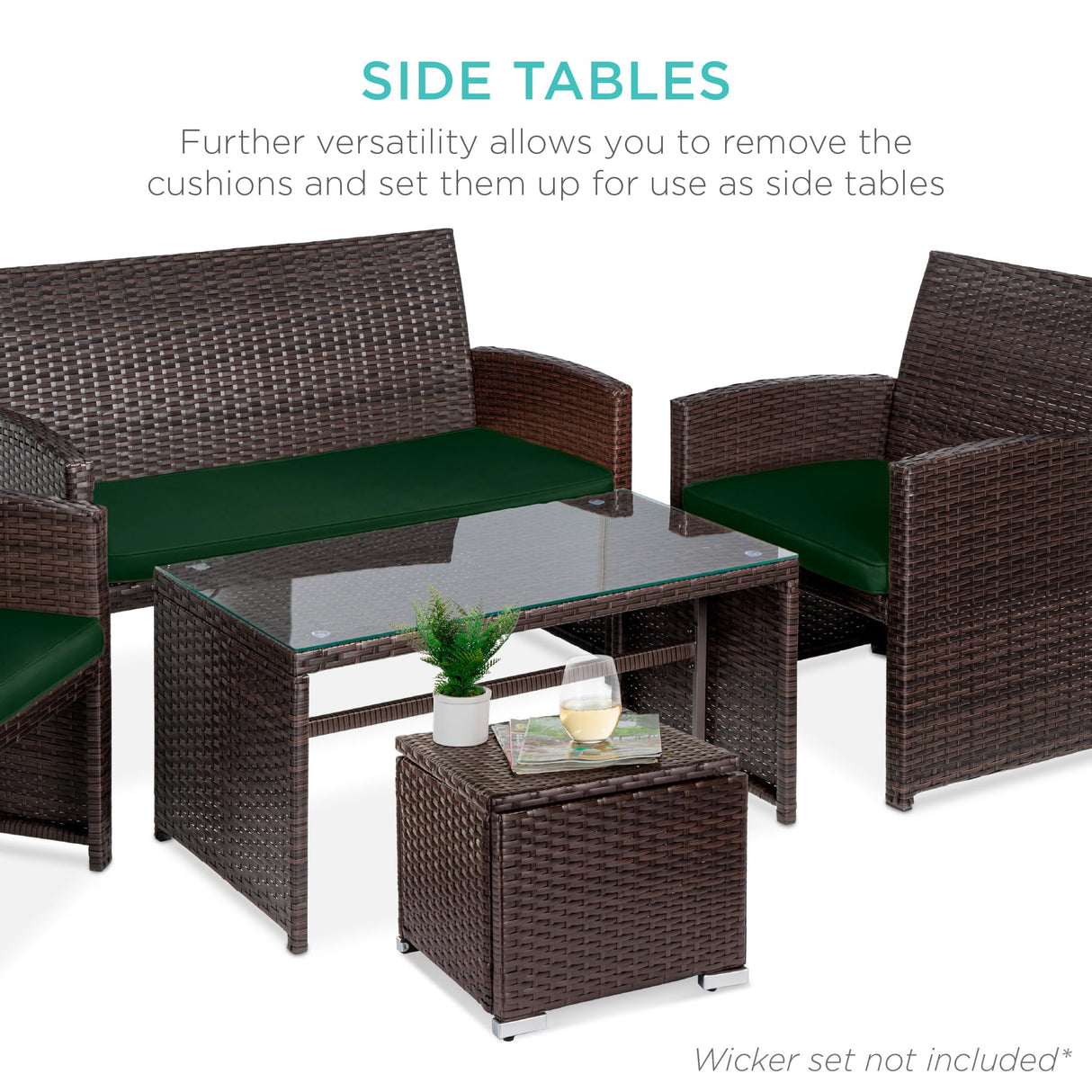 Best Choice Products Set of 2 Wicker Ottomans, Multipurpose Outdoor Furniture for Patio, Backyard, Additional Seating, Footrest, Side Table w/Storage, Removable Cushions - Midnight Green/Brown Best Choice Products