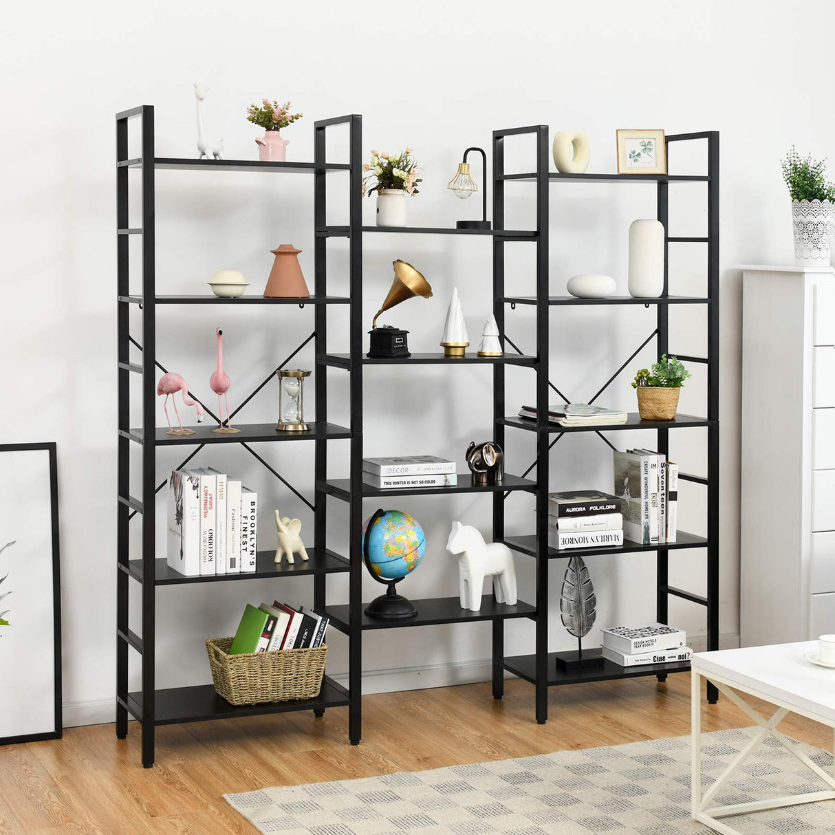 Tangkula Triple Wide 5-Tier Bookcase, Large Open Bookshelf, Display & Storage Shelf, Vintage Industrial Style Shelves with Metal Frame, Bookcase Furniture for Living Room, Study, Office (Black) Tangkula