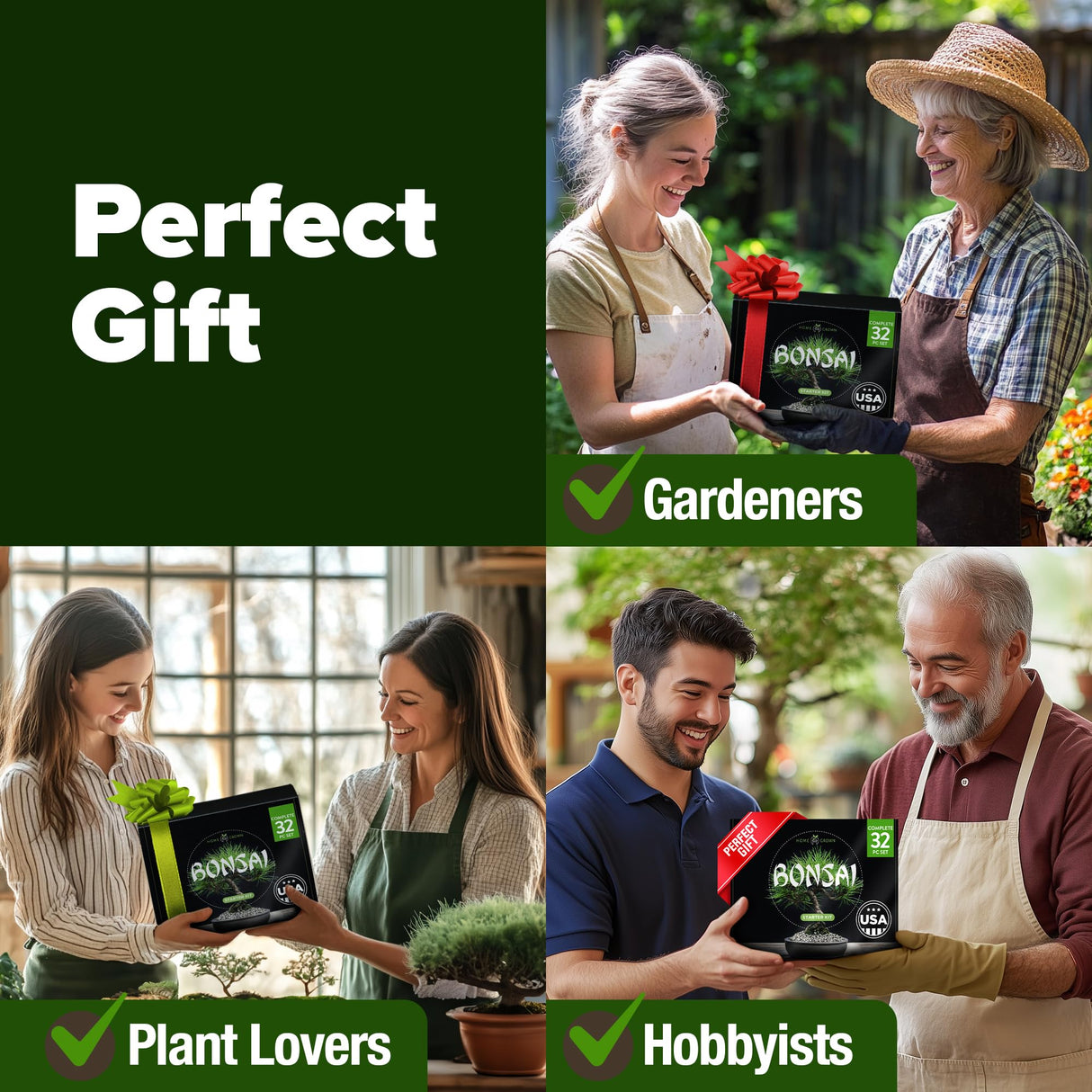 Bonsai Tree Kit - Gifts for Men & Women - Grow 4 Bonsai Trees - Unique Gardening Crafts for Adults, DIY Hobbies for Plant Lovers & Gardeners - Unusual Christmas Gift Ideas for Mom & Dad HOME GROWN
