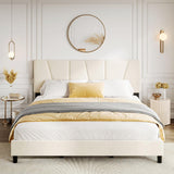 GarveeHome King Size Bed Frame with Adjustable Headboard, Velvet Upholstered Tufted King Platform Bedframe with Strong Wooden Slats, Mattress Foundation, No Box Spring Needed,Easy Assembly,Beige/Cream GarveeHome