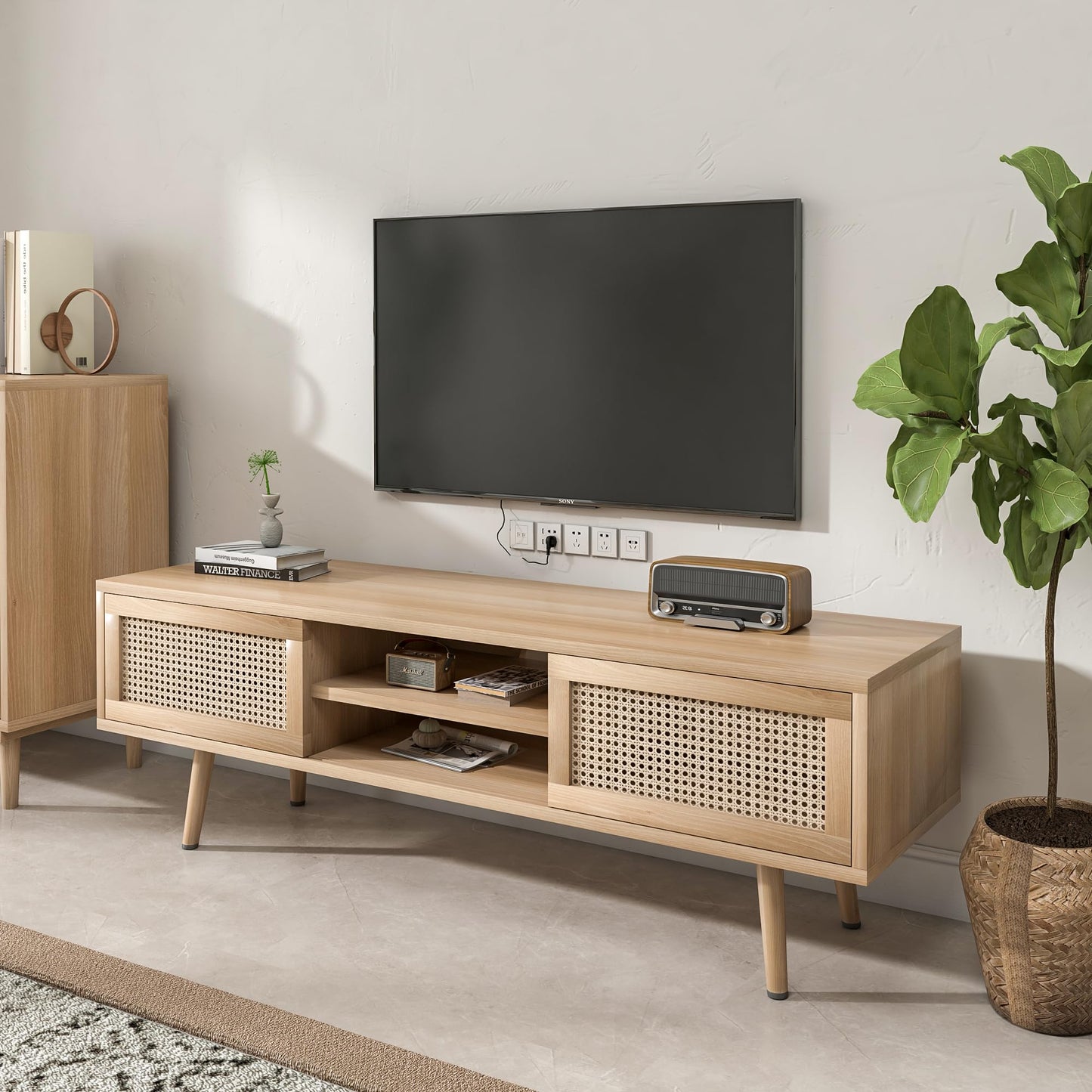 LUCKYELF Rattan TV Stand for 55 Inch TV Boho Farmhouse TV Console Media Cabinet with Solid Wood Legs Television Stands TV Cabinet Double Sliding