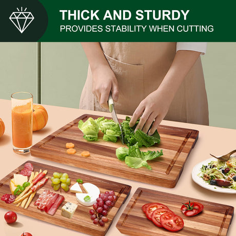 Extra Large Acacia Wood Cutting Board Set of 3 Wooden Chopping Board With Holder Fruit Cutting Board Charcuterie Boards for Kitchen Bread Cheese Serving Board Meat Cutting Board Carving Board Gtencemen