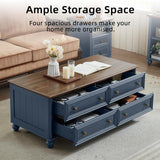 RWYHG 48" Farmhouse Coffee Table with Hidden Storage,Wooden Coffee Tables with 4 Drawers & Roman Column Handle,Rectangular Rustic Center Table with Solid Wood Curved Legs for Living Room,Office,Blue RWYHG