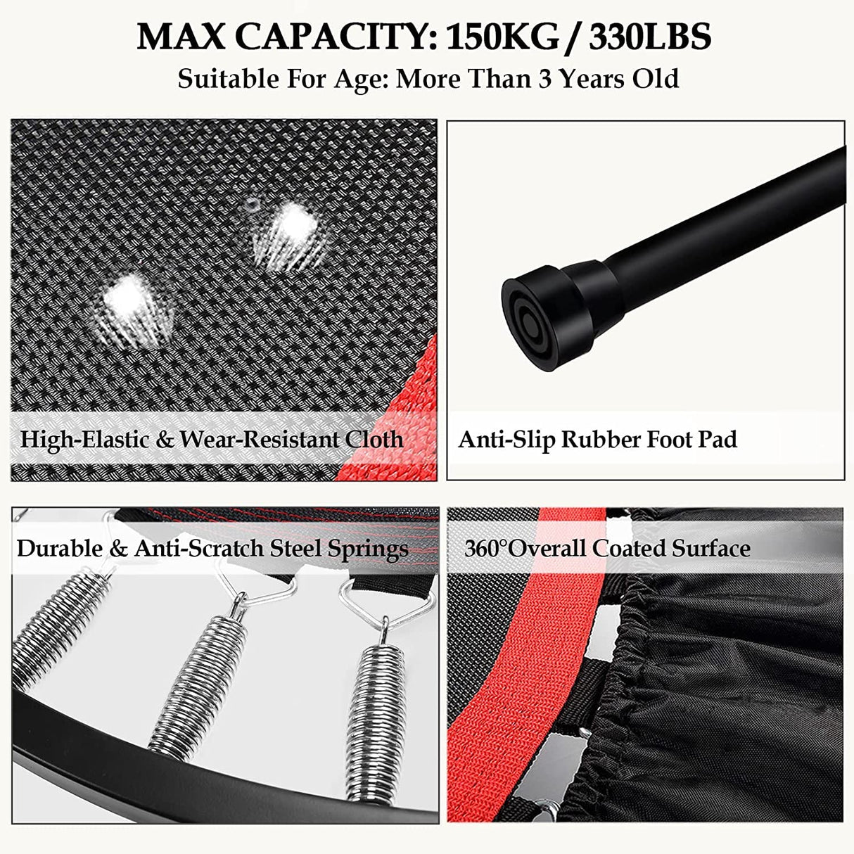 40" Foldable Mini Trampoline for Adults & Kids, Fitness Rebounder with U Shape Adjustable Foam Handle, Indoor Exercise Trampoline, Max Load 330lbs Anwick