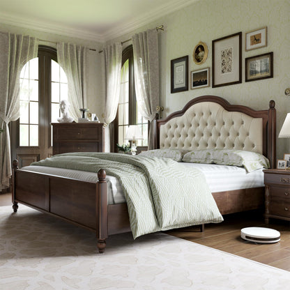 AMERLIFE Transitional Queen Size Solid Wood Bed Frame with Upholstered Tufted Headboard and Roman Column Accents - WoodArtSupply