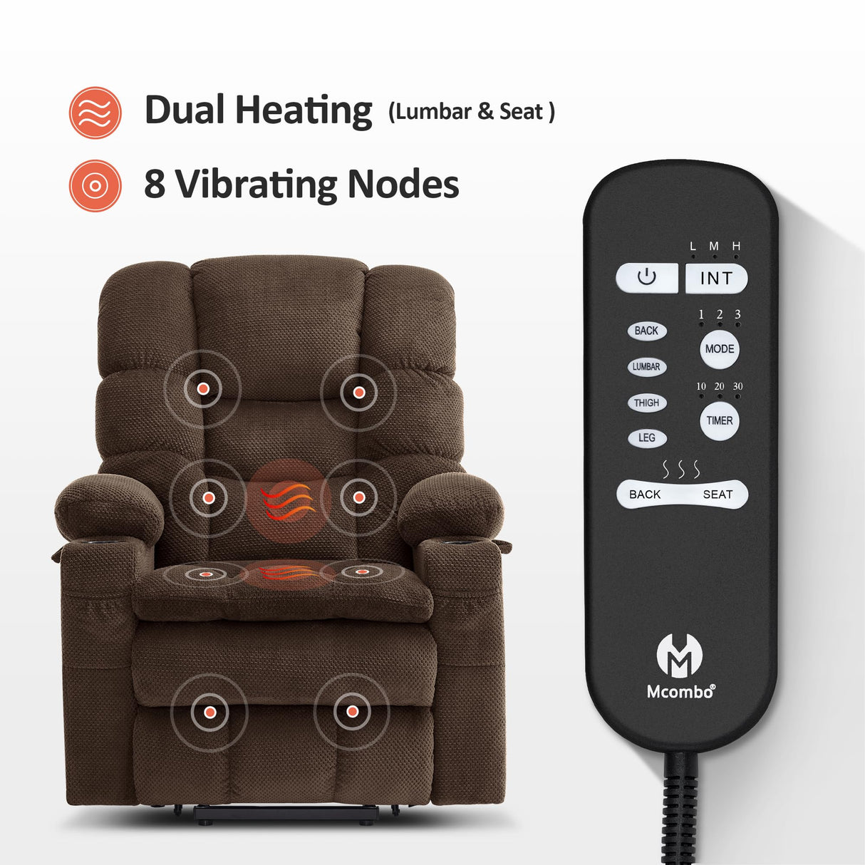 MCombo Dual Motor Power Lift Recliner Chair with Massage and Dual Heating, Adjustable Headrest for Big and Tall Elderly People, Fabric 7634 (Coffee, Large-Regular) MCombo