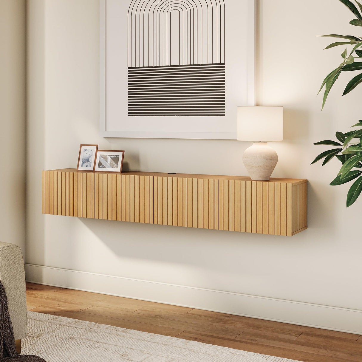 WAMPAT Floating TV Stand, Wall Mounted Shelf, Modern Floating Entertainment Center with 3 Fluted Flip-Down Doors, 70" Large Storage Media Console Wall Unit for Living Room,Bedroom, Oak WAMPAT