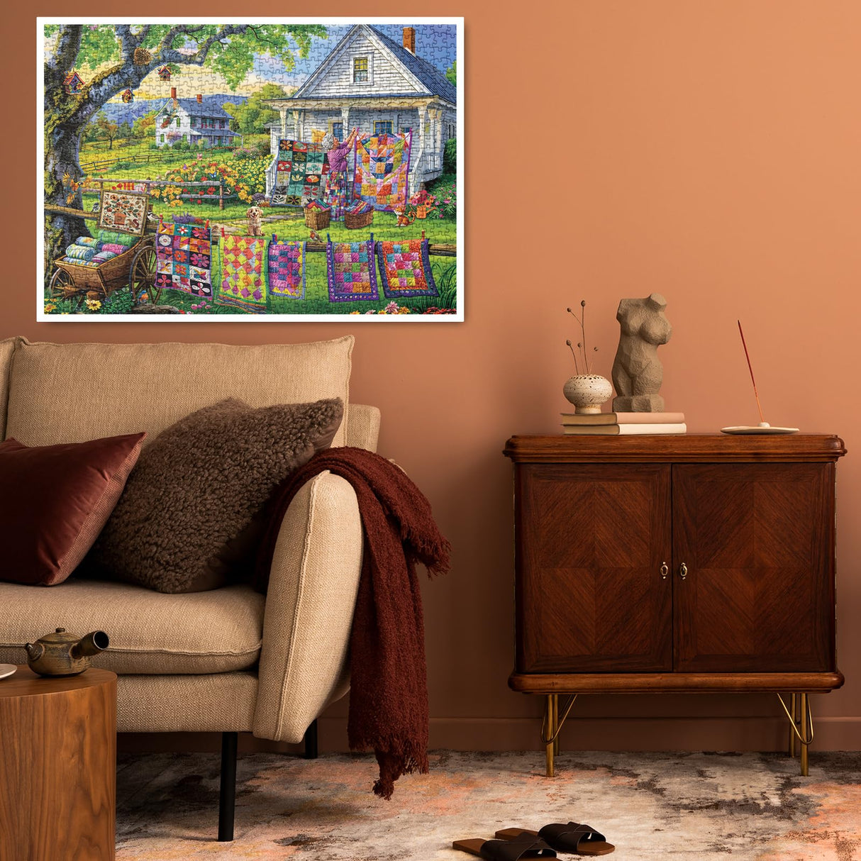 Colorful Quilts Puzzles for Adults 1000 Pieces, Cozy Grandma Garden Jigsaw Puzzles, Pretty Cat Flower Puzzles BBOLDIN