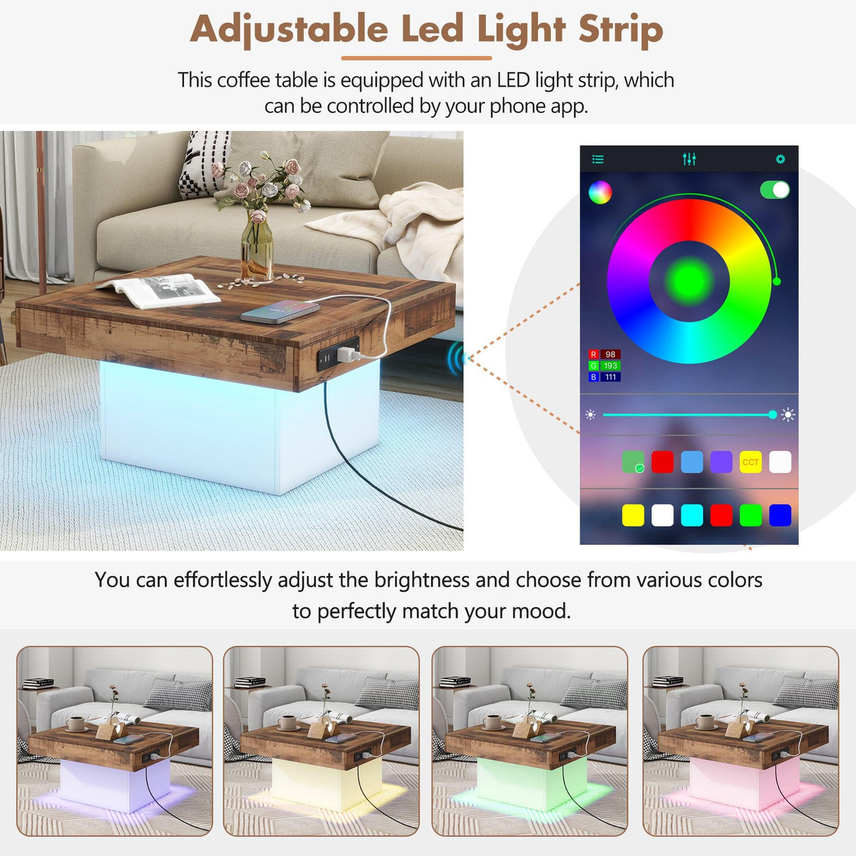 Vinsetto Farmhouse Wood Coffee Table with 2 USB Ports and Outlets, LED Light, Anti-Slip Foot Pads, Spliced Wood Grain, 31.5" L x 31.5" W x 16.5" H, White Vinsetto