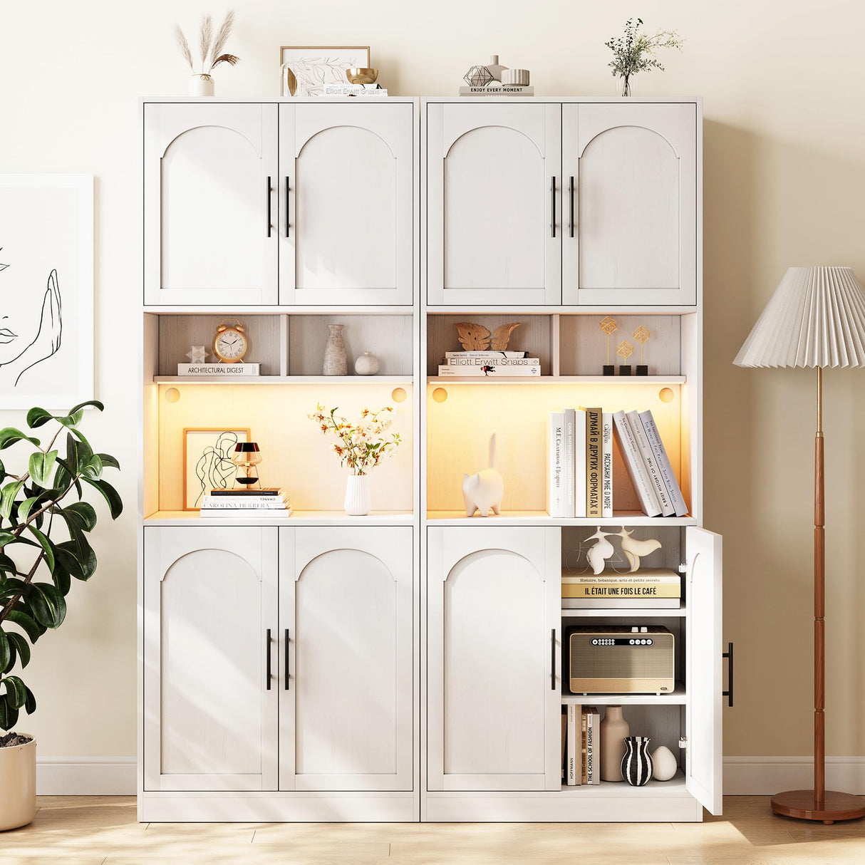 GarveeHome 71” Tall Kitchen Pantry Storage Cabinet with Microwave Shelf and LED Light, Storage Cabinet with Door and Shelve, Hutch Cabinet with Storage for Dining Room, Living Room, Bathroom, White GarveeHome