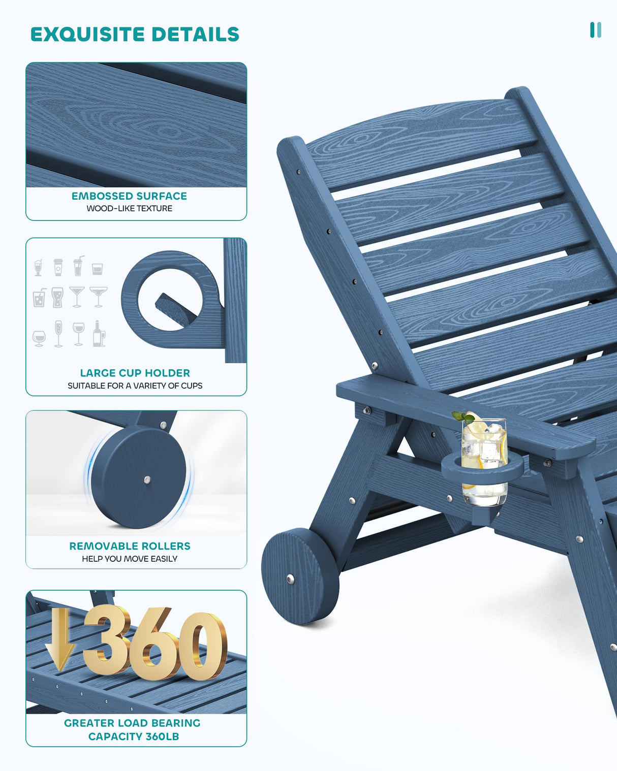 SERWALL Patio Chaise Lounge Chair Set of 2, 5 Positions Adjustable HDPE Outdoor Lounge Chair for Pool, Poly Lounge Chair with Rolling Wheels & Cup Holder for Poolside, Deck, Blue SERWALL