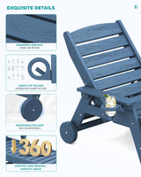 SERWALL Patio Chaise Lounge Chair Set of 2, 5 Positions Adjustable HDPE Outdoor Lounge Chair for Pool, Poly Lounge Chair with Rolling Wheels & Cup Holder for Poolside, Deck, Blue SERWALL