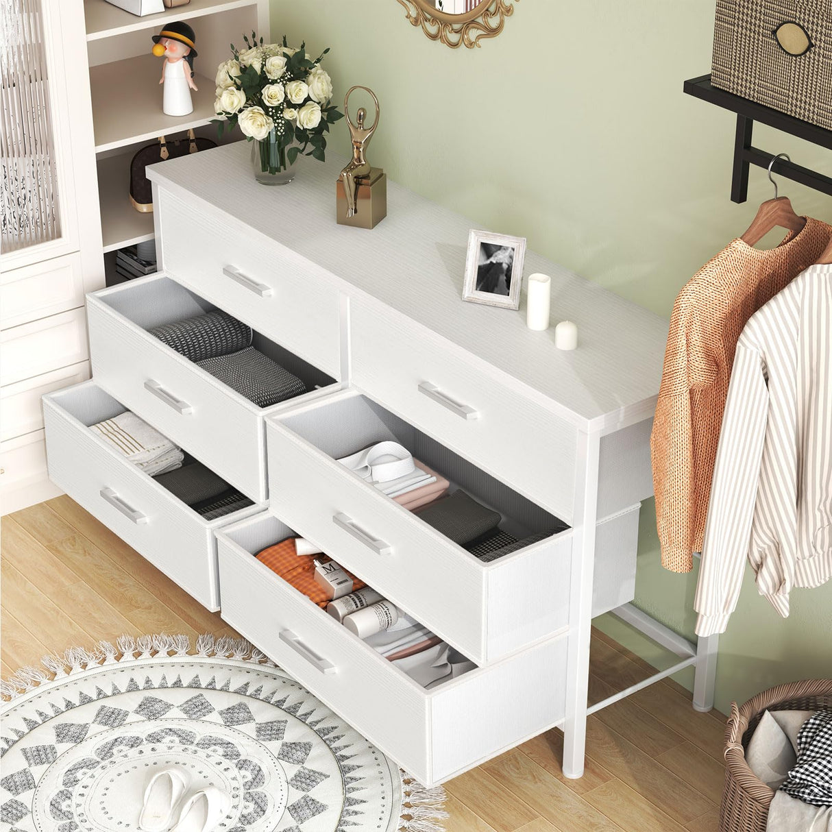 BOLUO Wide White Dresser for Bedroom 6 Drawer,Dresser TV Stand for 60" TV Dressers & Chests of Drawers BOLUO