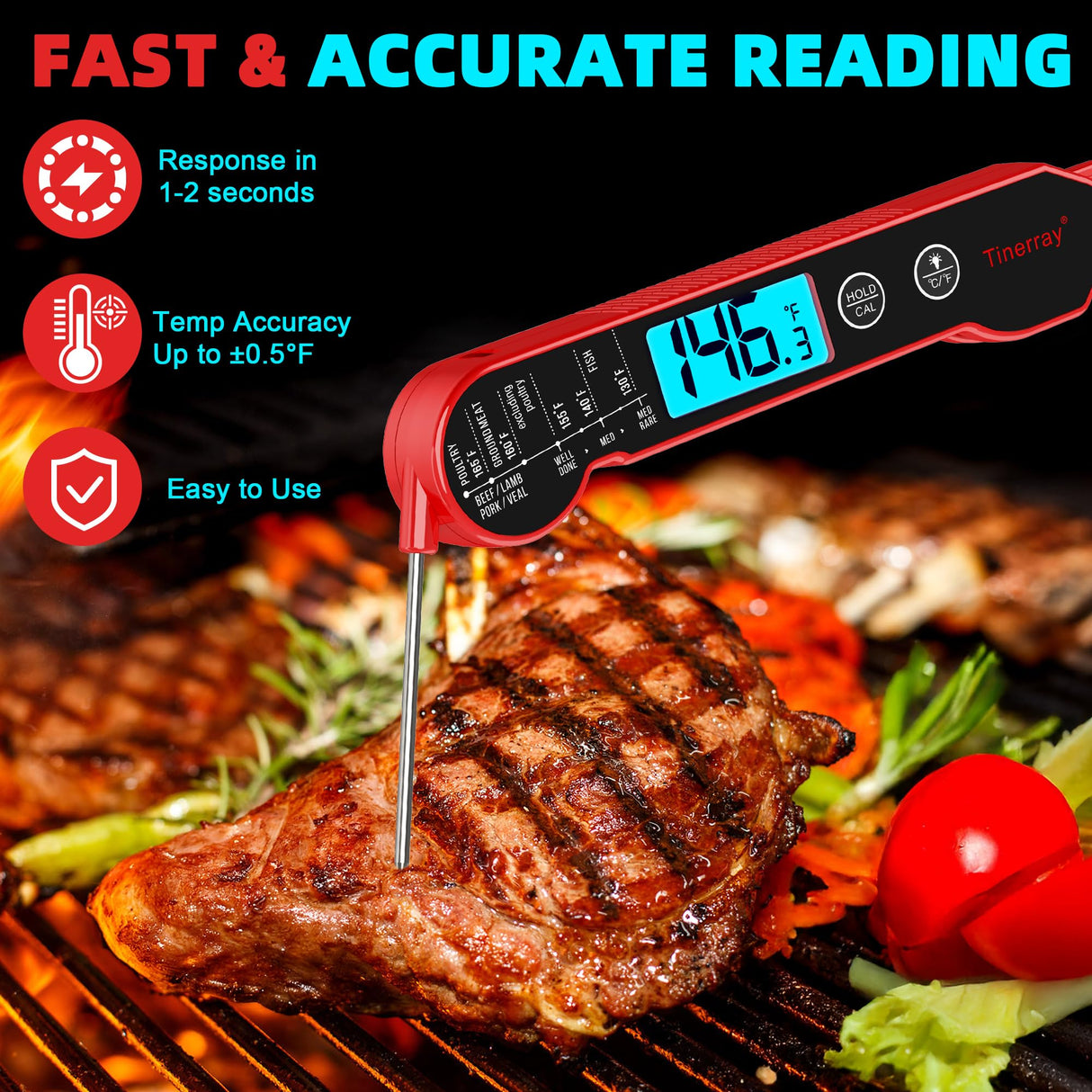 Digital Meat Thermometer for Cooking – Waterproof Instant Read Food Thermometer with Backlight & Calibration, Fast Read, Folding Probe for BBQ, Grill, Candy, Deep Fry, Kitchen, Liquids, Beef（Red） Tinerray