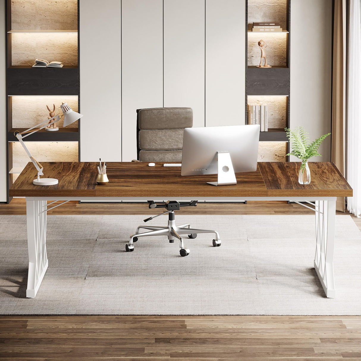 Tribesigns 70.86-Inch Executive Desk, Large Home Office Desk Computer Desk with Thick Metal Frame, Rectangle Study Writing Table Workstation for Home Office, Retro Brown & White Tribesigns