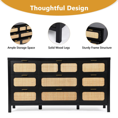 UHMUVFM 9 Drawer Dresser with Rattan Finish, Modern Farmhouse Chest of Drawers with Metal Handles, Accent Wood Storage Cabinet for Bedroom, Living Room and Kitchen (Black) - WoodArtSupply