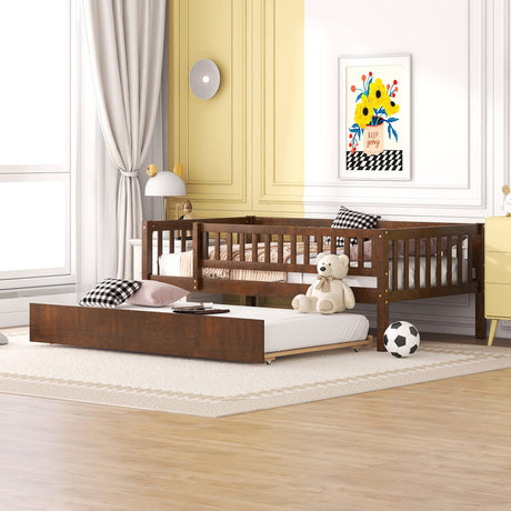 Twin Size Bed Frame with Trundle and Fence Guardrails, Wooden Montessori Style Kids Beds with Slats Support, Dual-use Daybed for Bedroom and Living Room, Walnut Bellemave