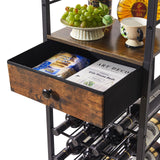 IBUYKE Wine Rack Freestanding Floor, Bar Cabinet for Liquor and Glasses,4-Tier Wood Coffee Bar Cabinet,Glass Holder and Storage Drawer for Home Bar Kitchen Living Room,Rustic Brown UTMJ905H IBUYKE