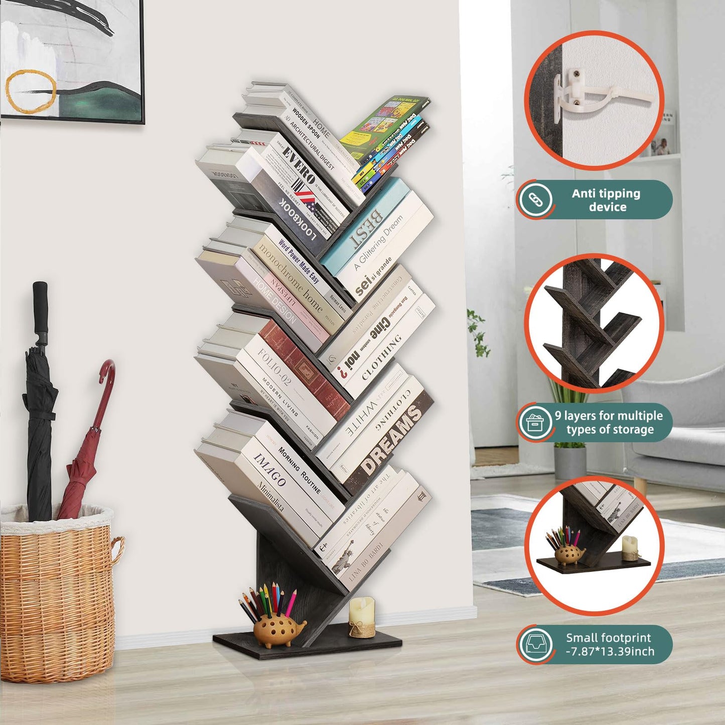 SHEEPAM 10-Tier Tree Bookshelf – Stylish Floor-Standing Storage Organizer for Small Spaces in Light Grey - WoodArtSupply