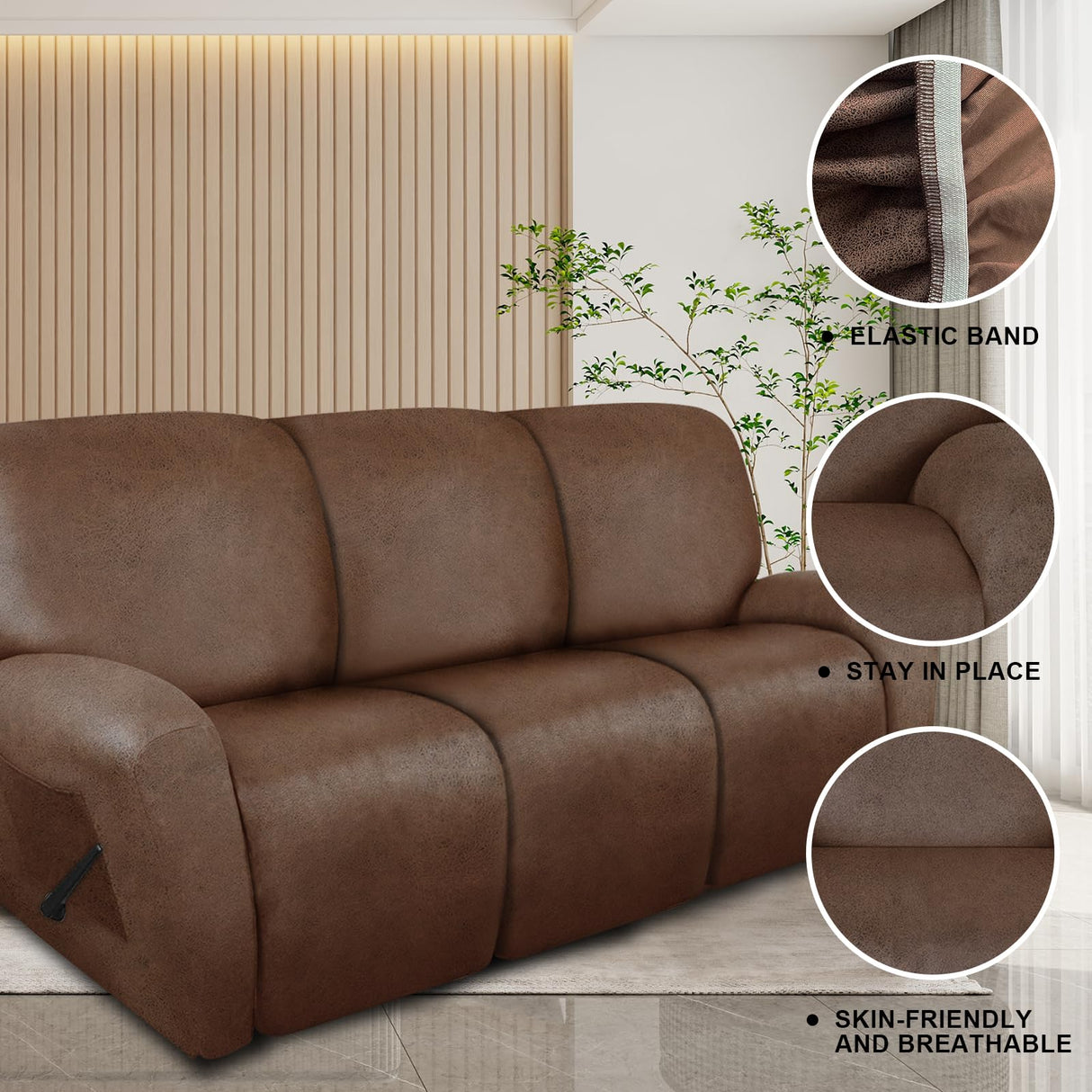 molasofa Recliner Sofa Covers - Leather Like Recliner Sofa 3 Seater Recliner Couch Covers for 3 Cushion Couch 8 Pieces Washable Stretch Reclining Sofa Slipcovers (Brown) molasofa