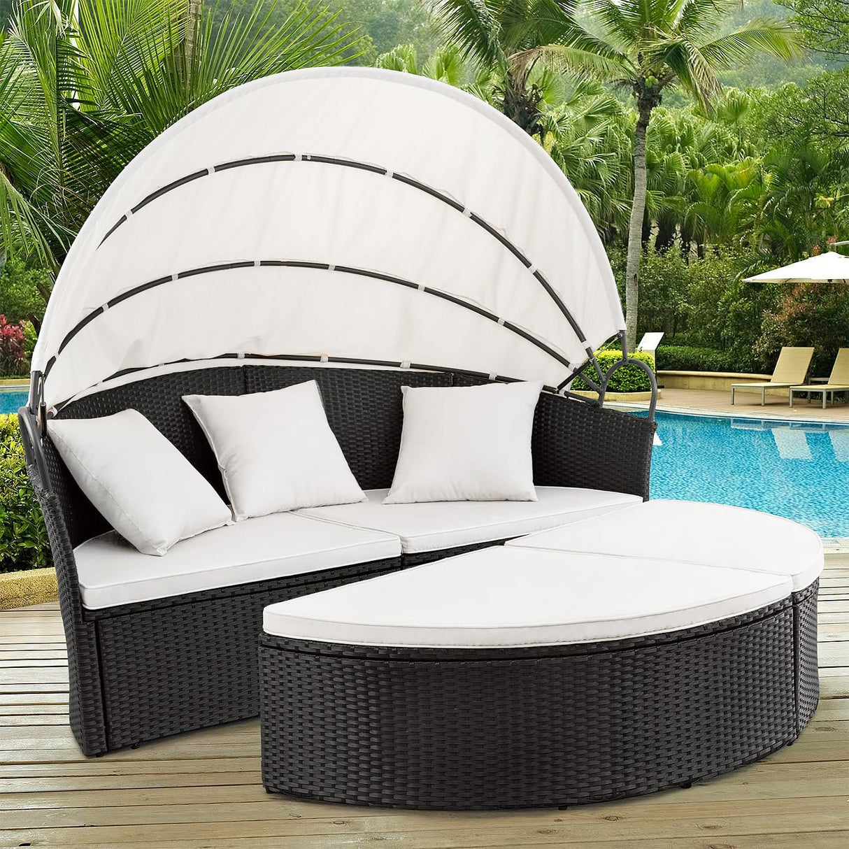Devoko Patio Furniture Outdoor Round Daybed with Retractable Canopy Wicker Rattan Separated Seating Sectional Sofa for Patio Lawn Garden Backyard Porch Devoko