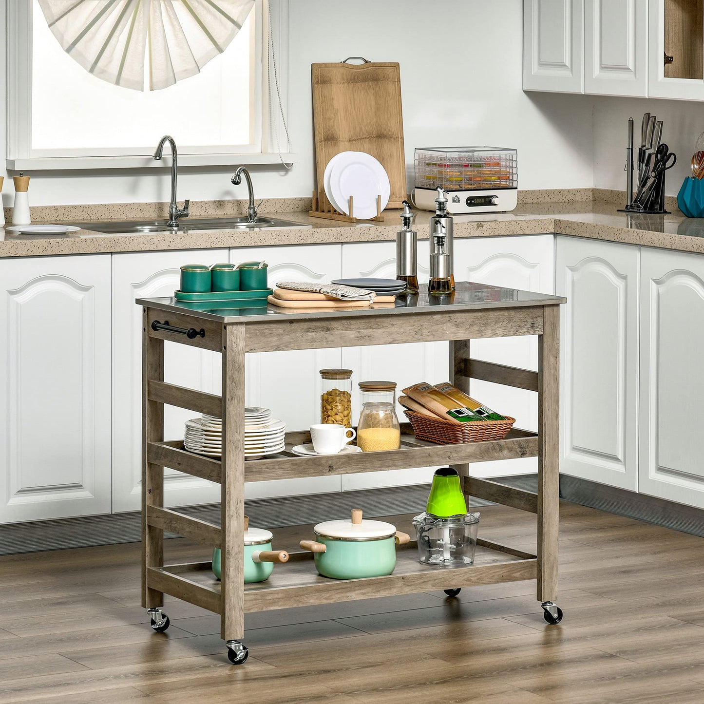 HOMCOM Rolling Kitchen Cart with Stainless Steel Countertop, 1 Bottom Shelf, 1 Slotted Middle Shelf and 4 Castor Wheels, Grey