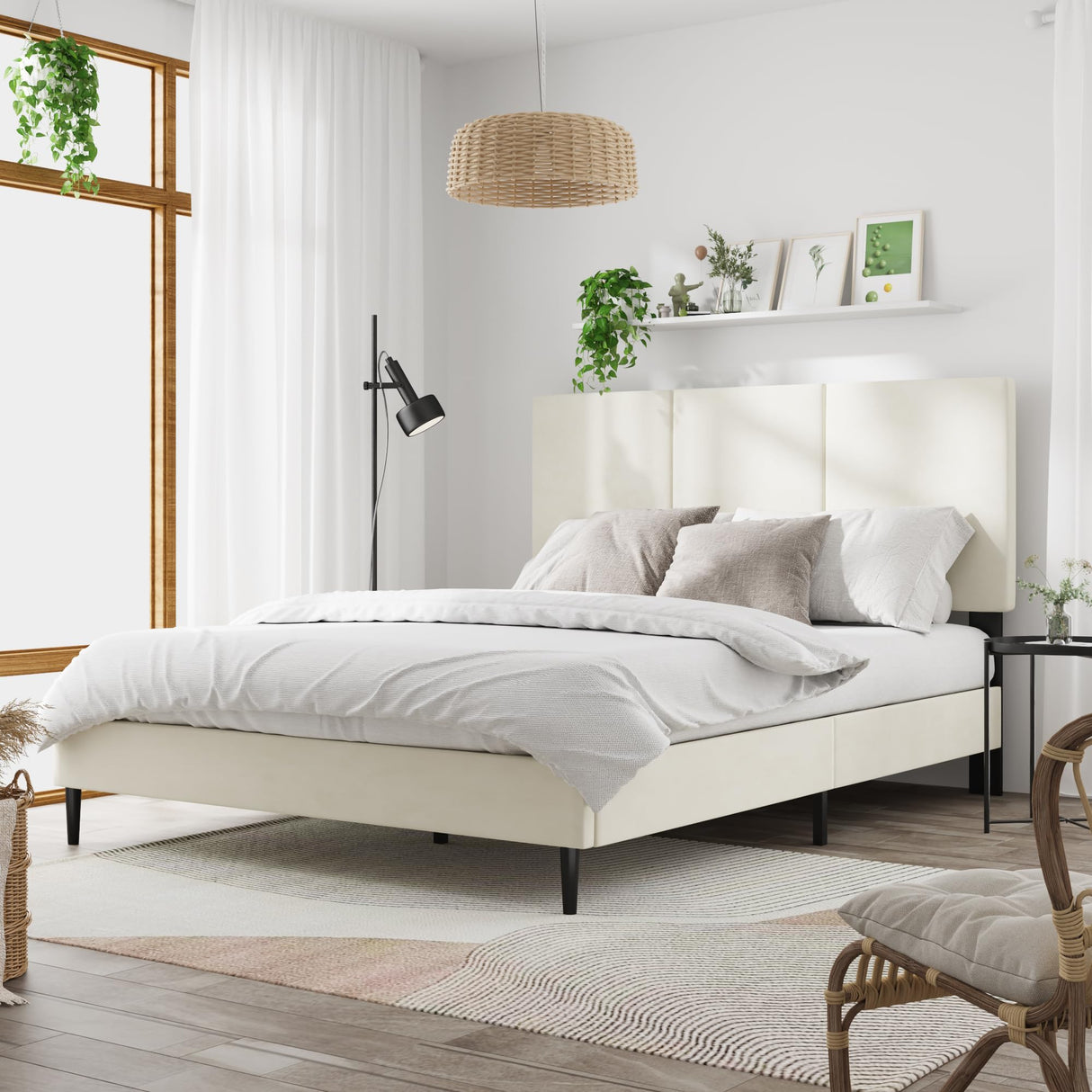 IOILORI Queen Size Bed Frame with Headboard, Vertical Channel Tufted Heavy Duty Queen Platform Bed Frame, No Springs Required, Easy to Assemble, Beige IOILORI