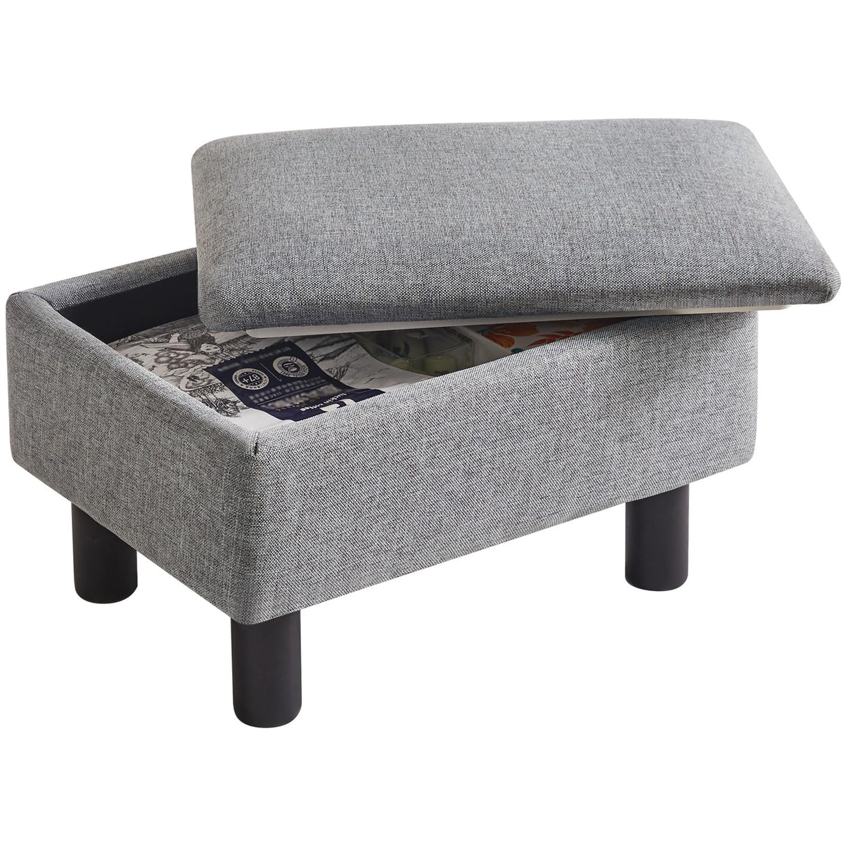 IBUYKE Storage Ottoman Footrest Stool with Linen Fabric, Rectangular, Flip Top Lid, Non-Slip Feet, Compact Design, Stylish and Functional, Gray Blue RF-BD224 IBUYKE